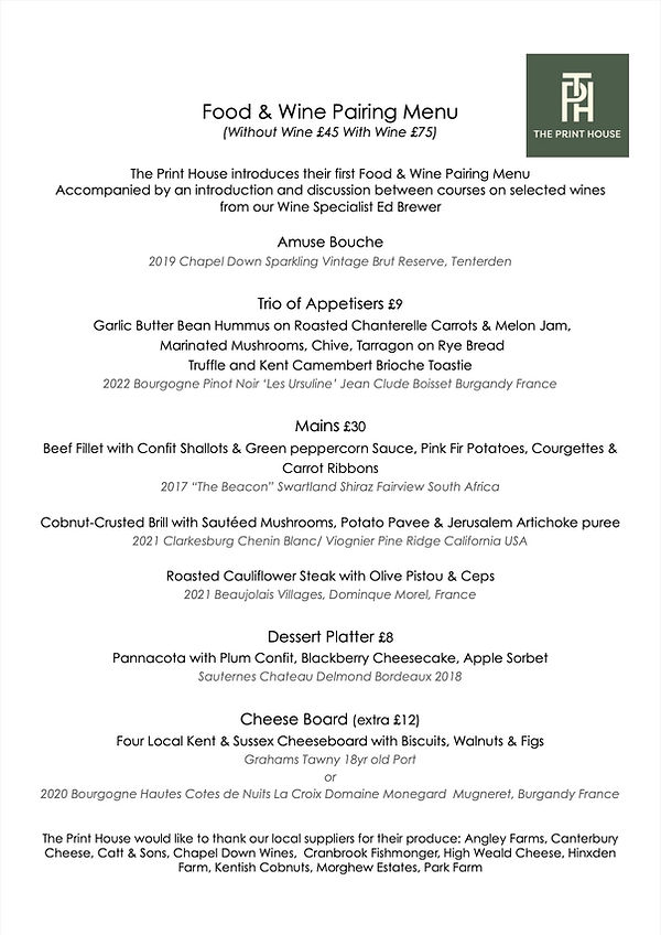Food & Wine Pairing Menu THE PRINT HOUSE